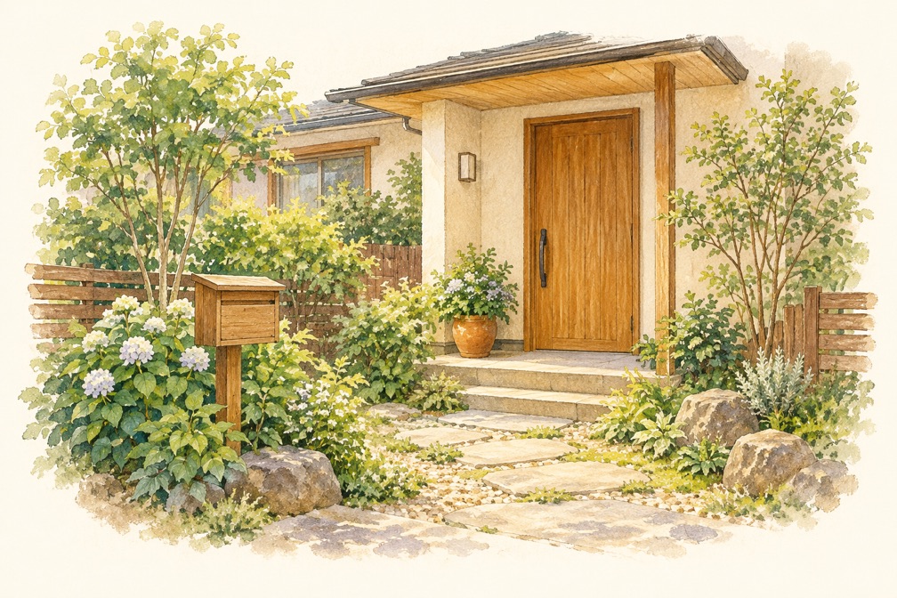 木の玄関と郵便受け、植木や飛び石のある庭のイラスト