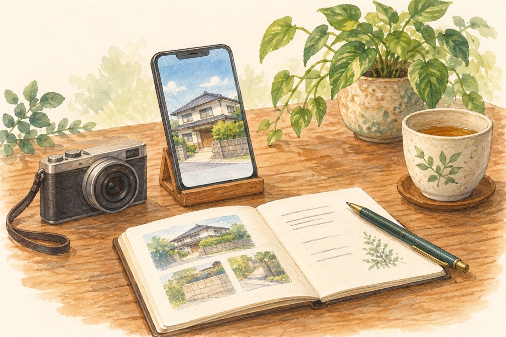 住まいの写真を映したスマートフォンと、カメラ、ノート、お茶のイラスト